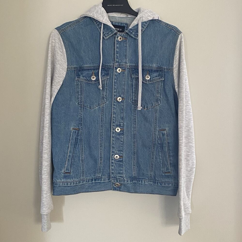 Forever 21 Men Blue Denim & Jersey Trucker Hooded Jacket Sz Small NEW w/ Tags